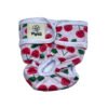 Vista frontal del pañal reutilizable para perra modelo Cerezas, con estampado de cerezas sonrientes y hojas verdes sobre fondo rosa