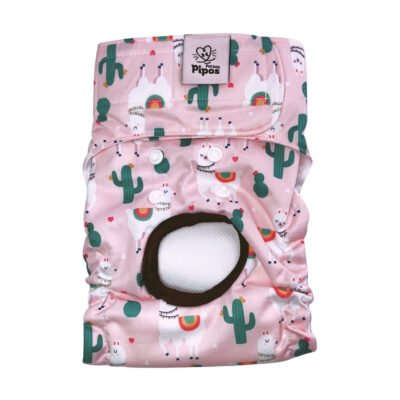 Vista frontal del pañal reutilizable para perrita, modelo llamas, con estampado de llamas y cactus en tonos blanco y verde sobre fondo rosado suave 1