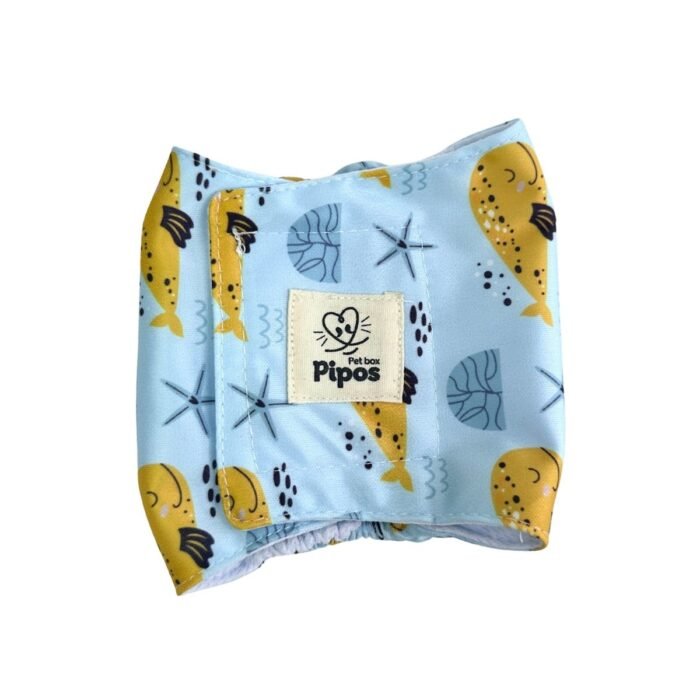 Pañal reutilizable para perro macho – modelo Ballenas Océano celeste