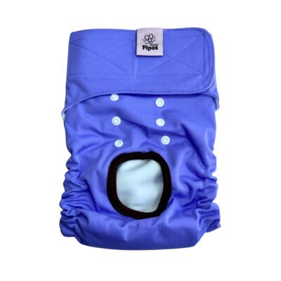 Vista frontal del pañal reutilizable para perrita, modelo Morado