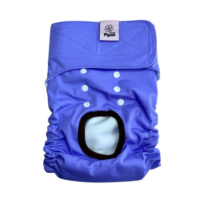 Vista frontal del pañal reutilizable para perrita, modelo Morado