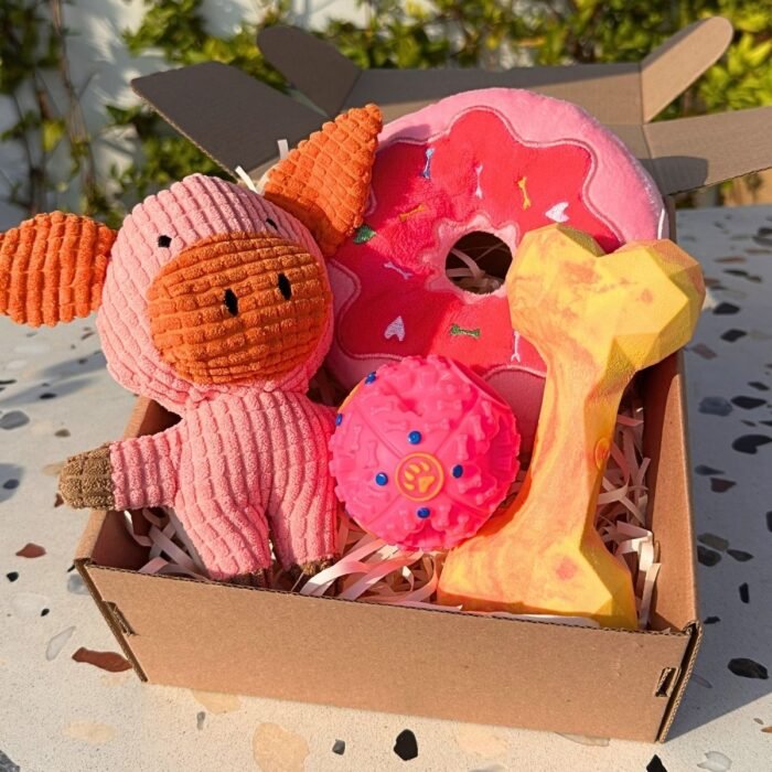 Pet box edición especial Farm Party Box de Pipos Pet Box con peluche de vaca o cerdito y dona gigante Pet Box – Party Mix