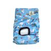 Vista frontal del pañal reutilizable para perrita, modelo unicornios, con estampado de unicornios, corazones, estrellas y arcoiris sobre fondo celeste 1 (2) Pañal reutilizable para hembra – modelo Unicornios